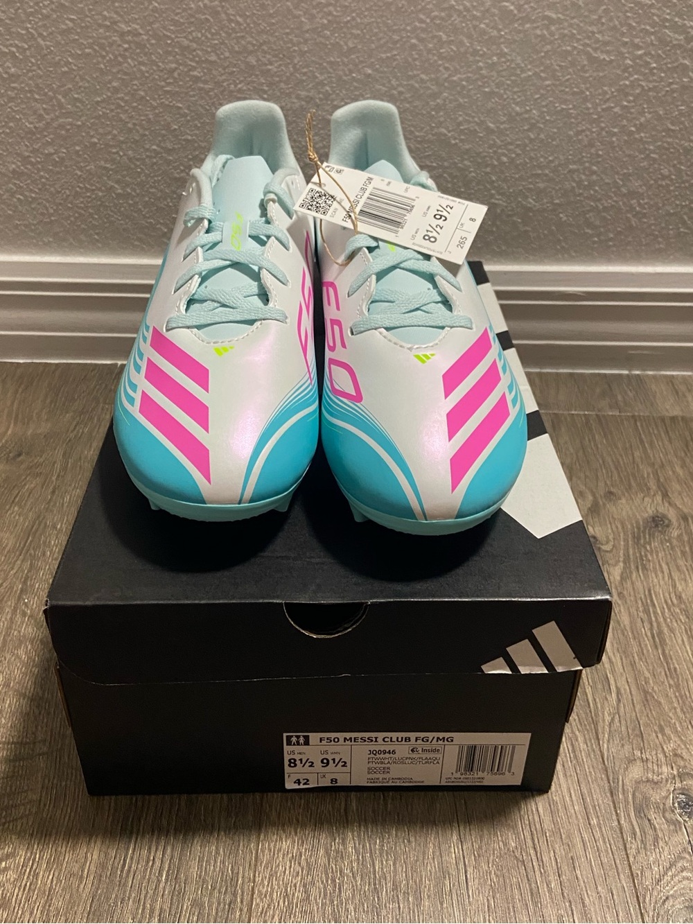 Adidas F50 Messi Club FG/MG soccer cleats white/pink/ turquoise